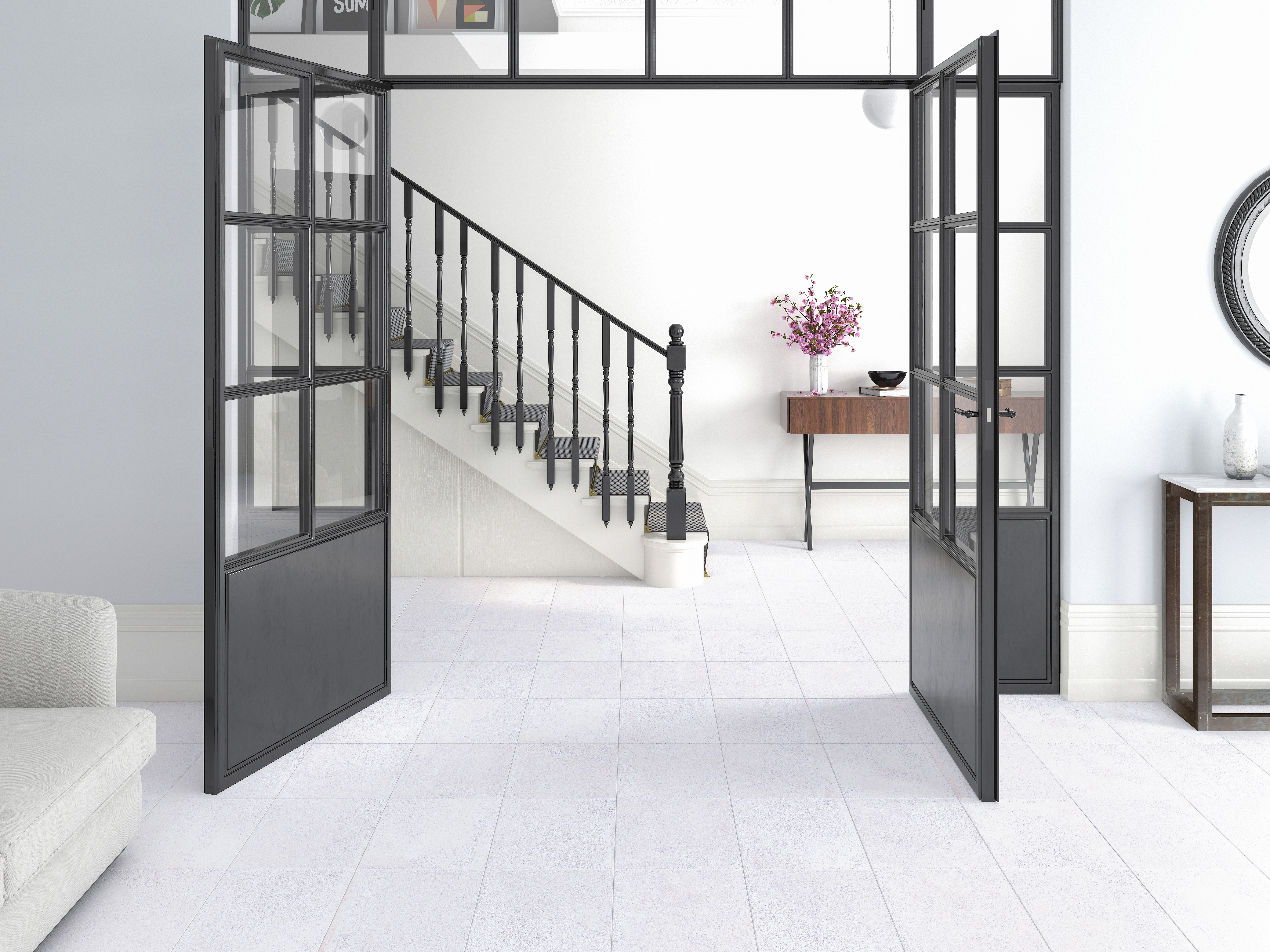 White Porcelain Tile featured in pale shaded living room near entry way with French doors