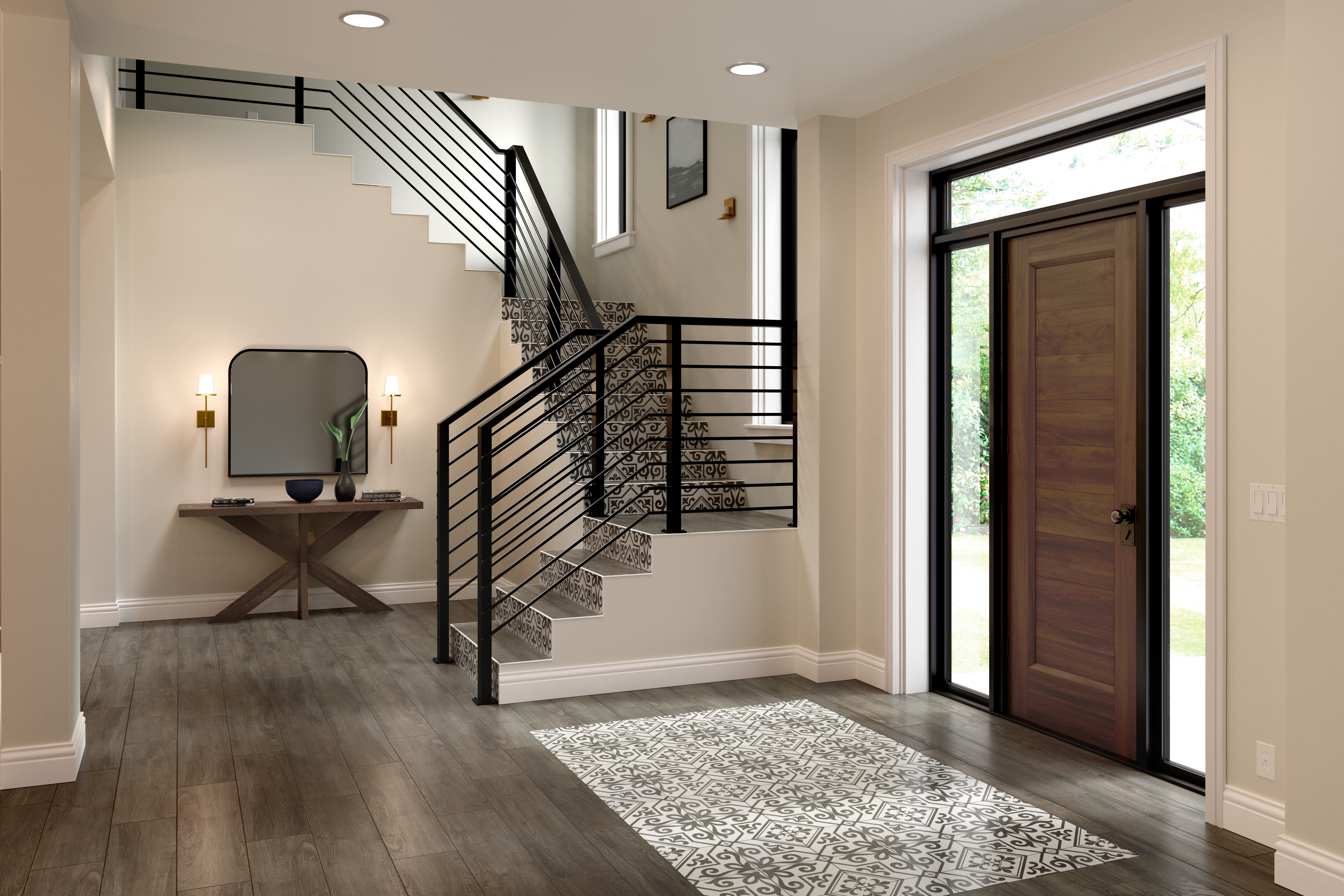 Wood-look Porcelain near home entry way featuring nook and iron rod staircase in background